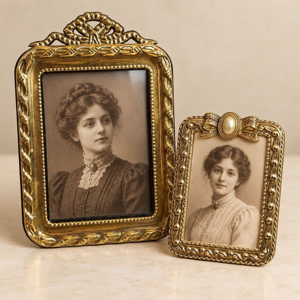 Vintage Gold Tone Ornate Picture Frame Set of Two Bow Pearl Tabletop Small Large